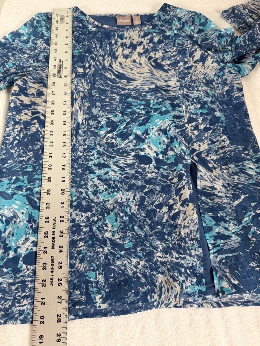 Chico's Blue Abstract Marbled Paint Splatter Print 3/4 Sleeve Tunic Blouse Sz 1 - Picture 8 of 10